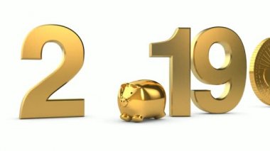 tarihi 2019, takvim, altın dolar, 3d animasyon ile.