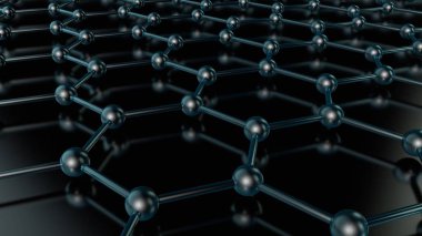 grafen, karbon molekülü, karanlık bir arka plan üzerinde geleceğin süper iletken bir kristal kafes 3B Illustration. Soyutlama, 3B nanoteknoloji oluşturma fikri ile alan derinliği