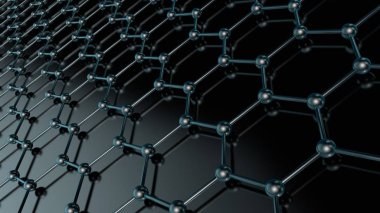 grafen, karbon molekülü, karanlık bir arka plan üzerinde geleceğin süper iletken bir kristal kafes 3B Illustration. Soyutlama, 3B nanoteknoloji oluşturma fikri ile alan derinliği