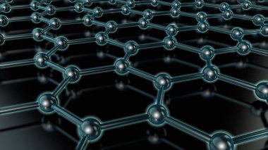 grafen, karbon molekülü, süper iletken, malzeme gelecek, karanlık bir arka plan üzerinde parlayan bir kristal kafes 3B Illustration. Nanoteknoloji fikri. 3D render