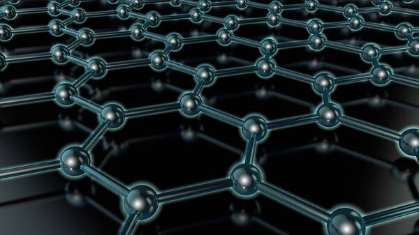 3D иллюстрация светящейся кристаллической решетки из графена, углеродной молекулы, сверхпроводника, материала будущего, на тёмном фоне. Идея нанотехнологий. 3D рендеринг
