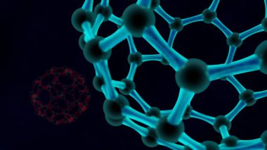 mavi küre grafen kristal kafes moleküllerinin 3D Illustration. Nanoteknoloji, biyolojik silahlar, virüs, enerji fikir. karanlık bir arka plan üzerinde 3D render.