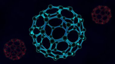 mavi küre grafen kristal kafes moleküllerinin 3D Illustration. Nanoteknoloji, biyolojik silahlar, virüs, enerji fikir. karanlık bir arka plan üzerinde 3D render.