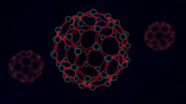 kırmızı balon, grafin kristal kafes moleküllerinin 3D Illustration. Nanoteknoloji, biyolojik silahlar, virüs, enerji fikir. karanlık bir arka plan üzerinde 3D render.