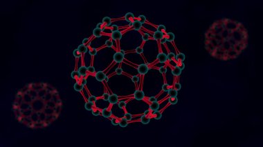 kırmızı balon, grafin kristal kafes moleküllerinin 3D Illustration. Nanoteknoloji, biyolojik silahlar, virüs, enerji fikir. karanlık bir arka plan üzerinde 3D render.