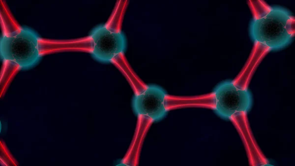 3D illustration, abstract background. The image of graphene, carbon molecules, atoms stacked hexagon. Red glow around the atom. 3D rendering on a dark background.