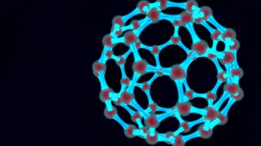 parlak mavi top, moleküler yapısı, aydınlık grafen, karbon molekülü, üç boyutlu ızgara 3D Illustration. Nanoteknoloji geliştirme fikri. 3D render, koyu arka plan.