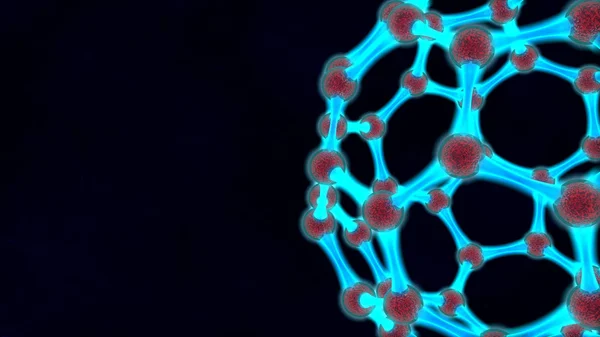 三维蓝色球片段 分子结构 发光石墨烯 碳分子 三维网格的示意图 纳米技术发展的理念 深色背景 — 图库照片