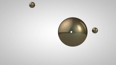 Bronz, altın, parlak topları, bir büyük ve iki küçük topları 3d illüstrasyon. Havadaki küreler, beyaz bir arka plan üzerinde izole edilmiş. Bir soyutlama 3d render. Geometrik, yuvarlak nesnelerle boşluk.