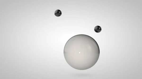 Illustration 3D de boules noires et blanches, une grande et deux petites boules. Sphères dans l'air, isolées sur fond blanc. rendu 3D d'une abstraction. Espace avec des objets géométriques ronds . — Photo