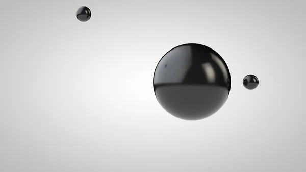 Illustrazione 3D di palle nere, una grande e due piccole palle. sfere nell'aria, isolate su uno sfondo bianco. rendering 3D di un'astrazione. Spazio con oggetti geometrici . — Foto Stock