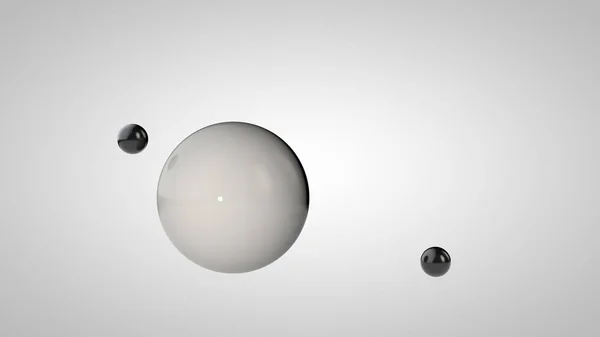 3D-Illustration von schwarz-weißen Kugeln, einer großen und zwei kleinen Kugeln. Kugeln in der Luft, isoliert auf weißem Hintergrund. 3D-Darstellung einer Abstraktion. Raum mit geometrischen, runden Objekten. — Stockfoto