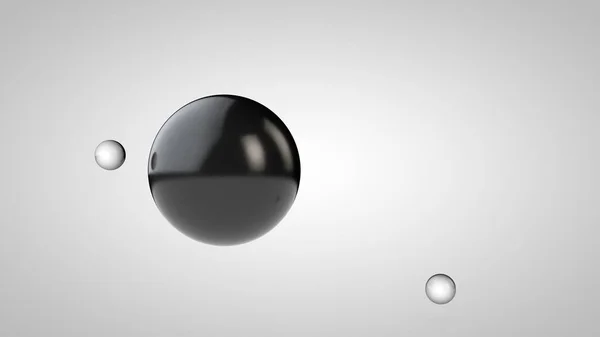 3D ilustracji czarnych kulek, jeden duży i dwa małe kulki. w powietrzu, odizolowanych na białym tle. Renderowanie 3D abstrakcji. Przestrzeń z obiektami geometrycznymi. — Zdjęcie stockowe