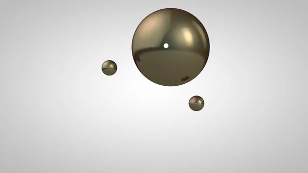 3D-Illustration von Bronze, Gold, glänzenden Kugeln, einer großen und zwei kleinen Kugeln. Kugeln in der Luft, isoliert auf weißem Hintergrund. 3D-Darstellung einer Abstraktion. Raum mit geometrischen, runden Objekten. — Stockfoto