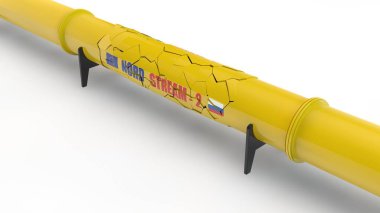 Nord stream 2 boru hattının 3d illüstrasyon, birçok çatlaklar ile. Yaptırım lar ve yıkımlar, kayıplar, gaz taşıma sisteminin krizi fikri. Beyaz arka plan üzerinde 3d render, izole.