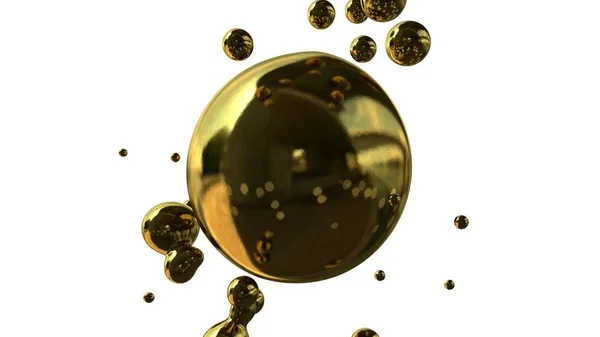 Ilustração 3D de gotas de ouro na ausência de peso, abstração, fundo futurista, a ideia de síntese e luxo. 3D renderização em fundo branco . — Fotografia de Stock