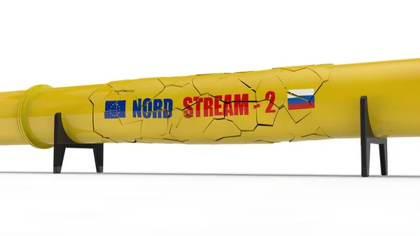 3D иллюстрация трубопровода Nord stream 2, со множеством трещин. Идея санкций и разрушений, потерь, кризиса газотранспортной системы. 3D рендеринг на белом фоне, изолированный . — стоковое фото