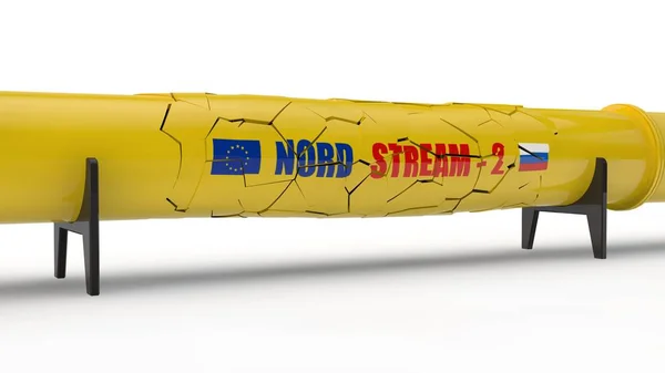 3D иллюстрация трубопровода Nord stream 2, со множеством трещин. Идея санкций и разрушений, потерь, кризиса газотранспортной системы. 3D рендеринг на белом фоне, изолированный . — стоковое фото