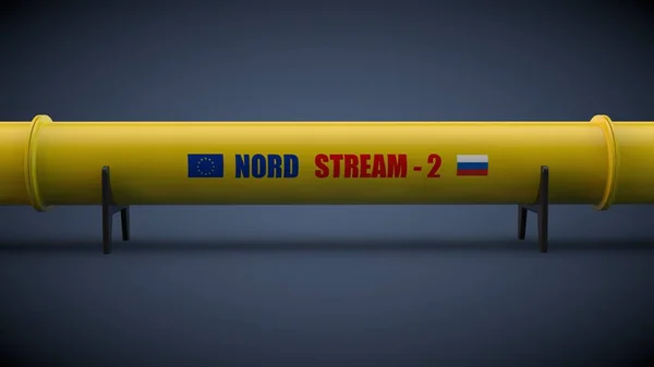 3d说明管道与北溪天然气管道2的标志，俄罗斯向欧洲供应天然气的想法，能源依赖。3d 渲染 — 图库照片