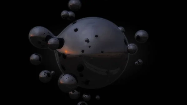 3D illustration of a liquid metal and oil droplets in zero gravity. The idea for a futuristic background abstraction. 3D rendering