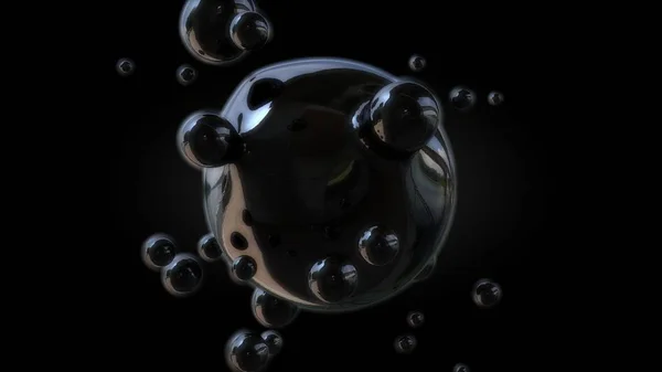 3D illustration of a liquid metal and oil droplets in zero gravity. The idea for a futuristic background abstraction. 3D rendering