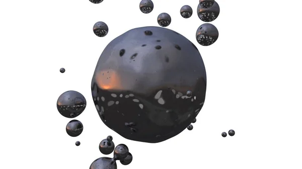 在零重力下显示液态金属和油滴的3d图示。未来背景抽象的想法。3d 渲染 — 图库照片