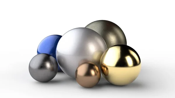 Illustration 3D d'un ensemble de sphères de diamètre différent, matériau différent. Métal, or, argent et autres bijoux sur une surface blanche, isolés. L'abstraction. rendu 3D . — Photo