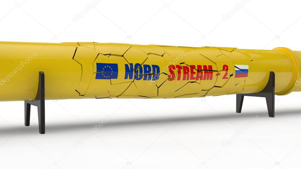 3D illustration of Nord stream 2 pipeline, with many cracks. The idea of sanctions and destruction, losses, crisis of the gas transportation system. 3D rendering on white background, isolated.