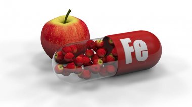 3D illustration of a capsule with iron. In the capsule a lot of apples and one red big Apple lies nearby. Image isolated on white background. The idea of healthy food and medicine. 3D rendering clipart
