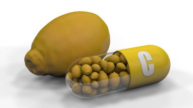 Limon ve C vitamini kapsülleri 3d render, beyaz arka plan üzerinde izole. Sağlıklı beslenme ve yaşam tarzı teşvik etmek için 3d illüstrasyon. Çevre dostu gıda, doğal ve doğal