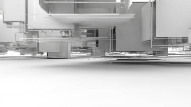 Normal şekil geometrik elemanların bir dizi soyut bir arka plan 3d render, rasgele beyaz bir yüzey tarafından uzayda dağıtılan. Beyaz arka plan üzerinde izole 3d soyutlama.