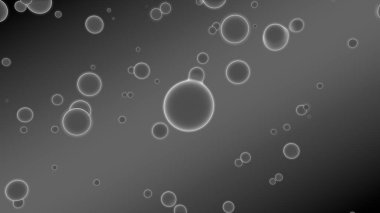 Soyut arka plan 3d illüstrasyon. Farklı şekil ve boyutlarda birçok damla ile gri degrade. Toplar uzayda parlıyor. 3d render. Parlak madde birçok damla fütüristik arka plan