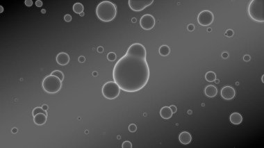 Soyut arka plan 3d illüstrasyon. Farklı şekil ve boyutlarda birçok damla ile gri degrade. Toplar uzayda parlıyor. 3d render. Parlak madde birçok damla fütüristik arka plan