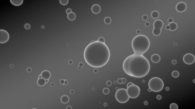 Soyut arka plan 3d illüstrasyon. Farklı şekil ve boyutlarda birçok damla ile gri degrade. Toplar uzayda parlıyor. 3d render. Parlak madde birçok damla fütüristik arka plan