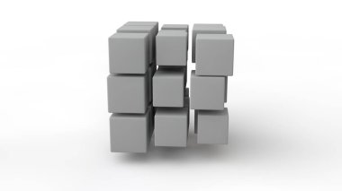 Uzayda bulunan küpler bir dizi 3d render, farklı boyutta, beyaz renk, beyaz bir arka plan üzerinde izole. Yıkım, kaos ve formların çeşitli geometrik modeli. 3d illüstrasyon.