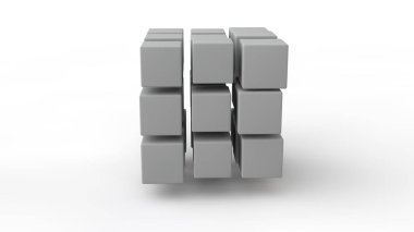 Uzayda bulunan küpler bir dizi 3d render, farklı boyutta, beyaz renk, beyaz bir arka plan üzerinde izole. Yıkım, kaos ve formların çeşitli geometrik modeli. 3d illüstrasyon.