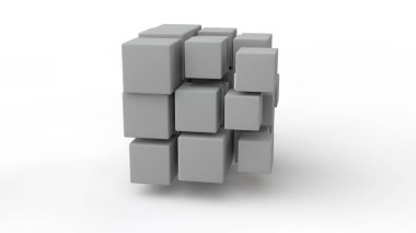 Uzayda bulunan küpler bir dizi 3d render, farklı boyutta, beyaz renk, beyaz bir arka plan üzerinde izole. Yıkım, kaos ve formların çeşitli geometrik modeli. 3d illüstrasyon.