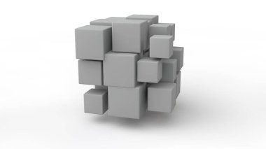 Uzayda bulunan küpler bir dizi 3d render, farklı boyutta, beyaz renk, beyaz bir arka plan üzerinde izole. Yıkım, kaos ve formların çeşitli geometrik modeli. 3d illüstrasyon.