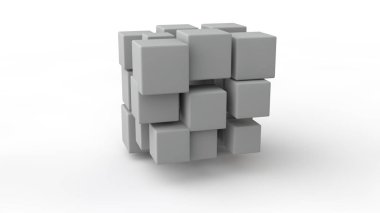Uzayda bulunan küpler bir dizi 3d render, farklı boyutta, beyaz renk, beyaz bir arka plan üzerinde izole. Yıkım, kaos ve formların çeşitli geometrik modeli. 3d illüstrasyon.