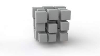 Uzayda bulunan küpler bir dizi 3d render, farklı boyutta, beyaz renk, beyaz bir arka plan üzerinde izole. Yıkım, kaos ve formların çeşitli geometrik modeli. 3d illüstrasyon.