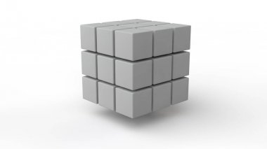 Uzayda bulunan küpler bir dizi 3d render, farklı boyutta, beyaz renk, beyaz bir arka plan üzerinde izole. Yıkım, kaos ve formların çeşitli geometrik modeli. 3d illüstrasyon.