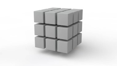 Uzayda bulunan küpler bir dizi 3d render, farklı boyutta, beyaz renk, beyaz bir arka plan üzerinde izole. Yıkım, kaos ve formların çeşitli geometrik modeli. 3d illüstrasyon.
