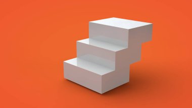 Sarı bir arka plan üzerinde izole beyaz bir küp 3d render. Küp parçalara ayrılır, parçalar keskin kenarlı adımlar oluşturur. Geometrik bir şeklin soyut görüntüsü, illüstrasyon.