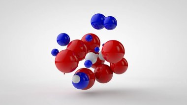 Bir grupta farklı boyutlarda birçok renkli topları 3d illüstrasyon. Kırmızı, mavi ve beyaz küreler beyaz arka plan üzerinde izole. Soyut görüntü, 3d render