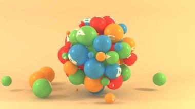 Vitamin sembolleri ile farklı renklerde birçok topları 3d illüstrasyon. Uzayda multivitaminler turuncu arka plan üzerinde izole. 3d render, sağlıklı bir yaşam tarzı fikri