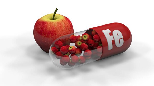 3D illustration of a capsule with iron. In the capsule a lot of apples and one red big Apple lies nearby. Image isolated on white background. The idea of healthy food and medicine. 3D rendering