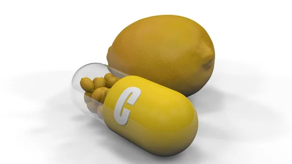 Renderização 3D de cápsulas de limão e vitamina C, isoladas em fundo branco. ilustração 3D para promover a alimentação saudável e estilo de vida. Alimentos ecológicos, naturais e naturais — Fotografia de Stock