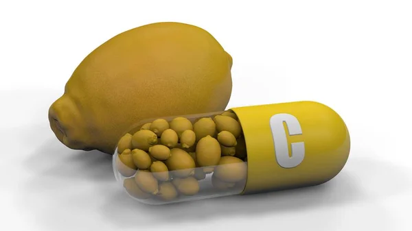 Renderização 3D de cápsulas de limão e vitamina C, isoladas em fundo branco. ilustração 3D para promover a alimentação saudável e estilo de vida. Alimentos ecológicos, naturais e naturais — Fotografia de Stock