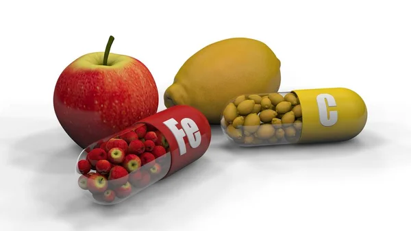 Ilustracja 3D dwóch kapsułek, tabletek z pierwiastkiem śladowym żelaza "Fe" i witaminy "C", kwasu askorbinowego na białym tle. Renderowanie 3D jabłek i owoców cytrynowych. Pomysł na reklamę. — Zdjęcie stockowe