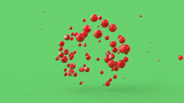 在绿色背景上隔离的许多不同颜色的球的 3d 插图。维生素分散在太空中。健康饮食、力量和健康的理念。3d 渲染 — 图库照片